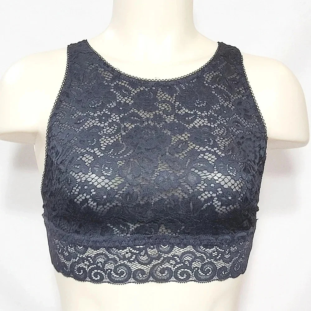 MEDIUM Xhilaration Wire Free High Neck Crossback Lace Black NWT
